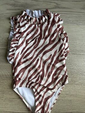 Janie and Jack Cream and Brown Zebra Ruffle One-Piece Swimsuit
